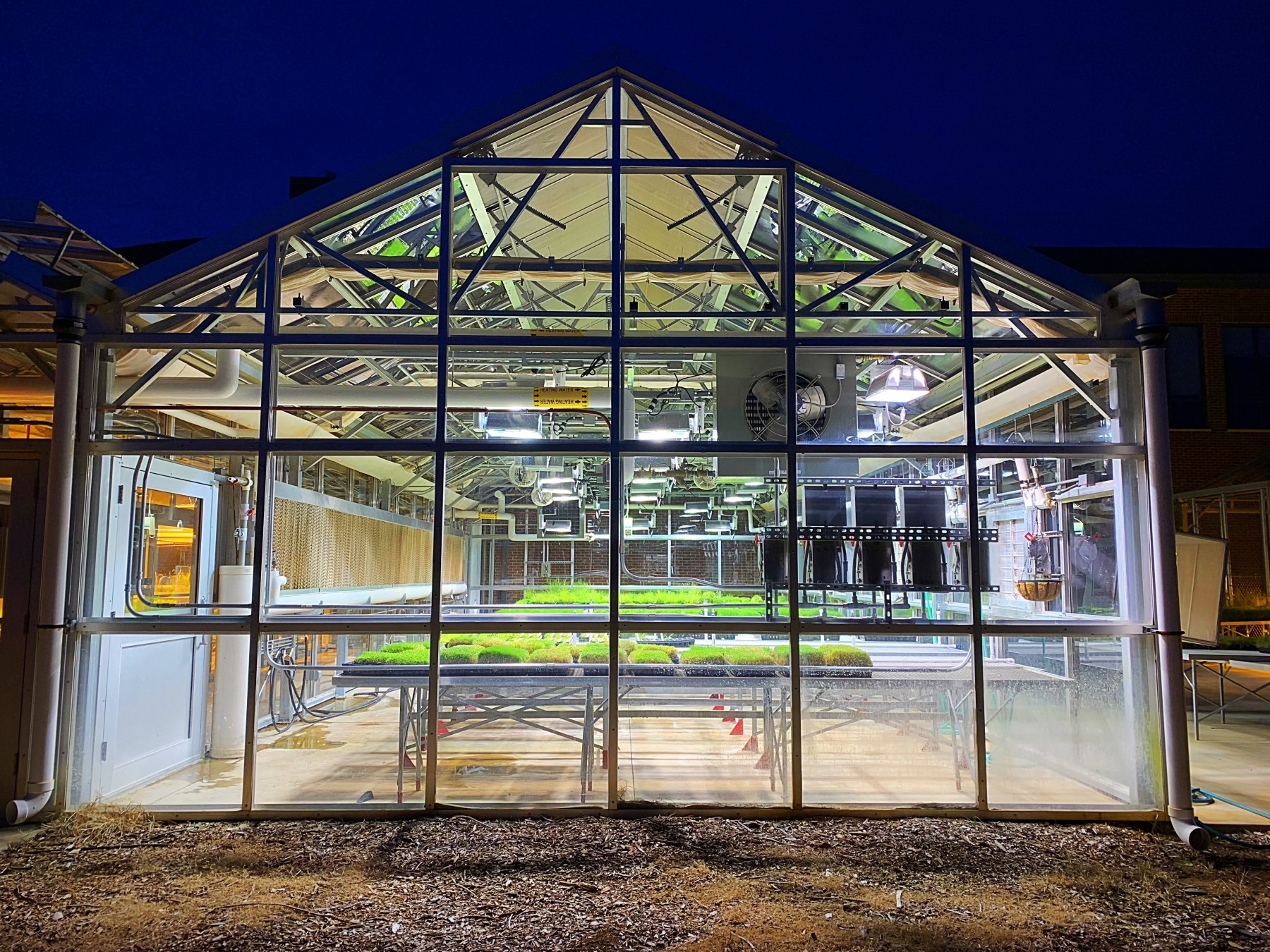 Greenhouse at night with lights on.